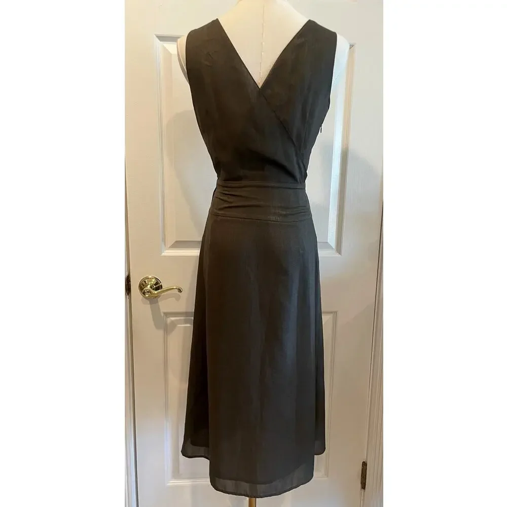 Italian e Collezioni Silk Brown Surplice Wrap Sleeveless Midi Tie Waist Dress S